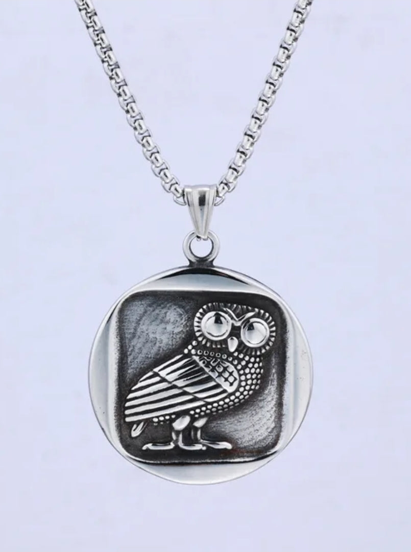 Mythical Athena's Owl of Wisdom Pendant – Stainless Steel with Diamond Bamboo Chain