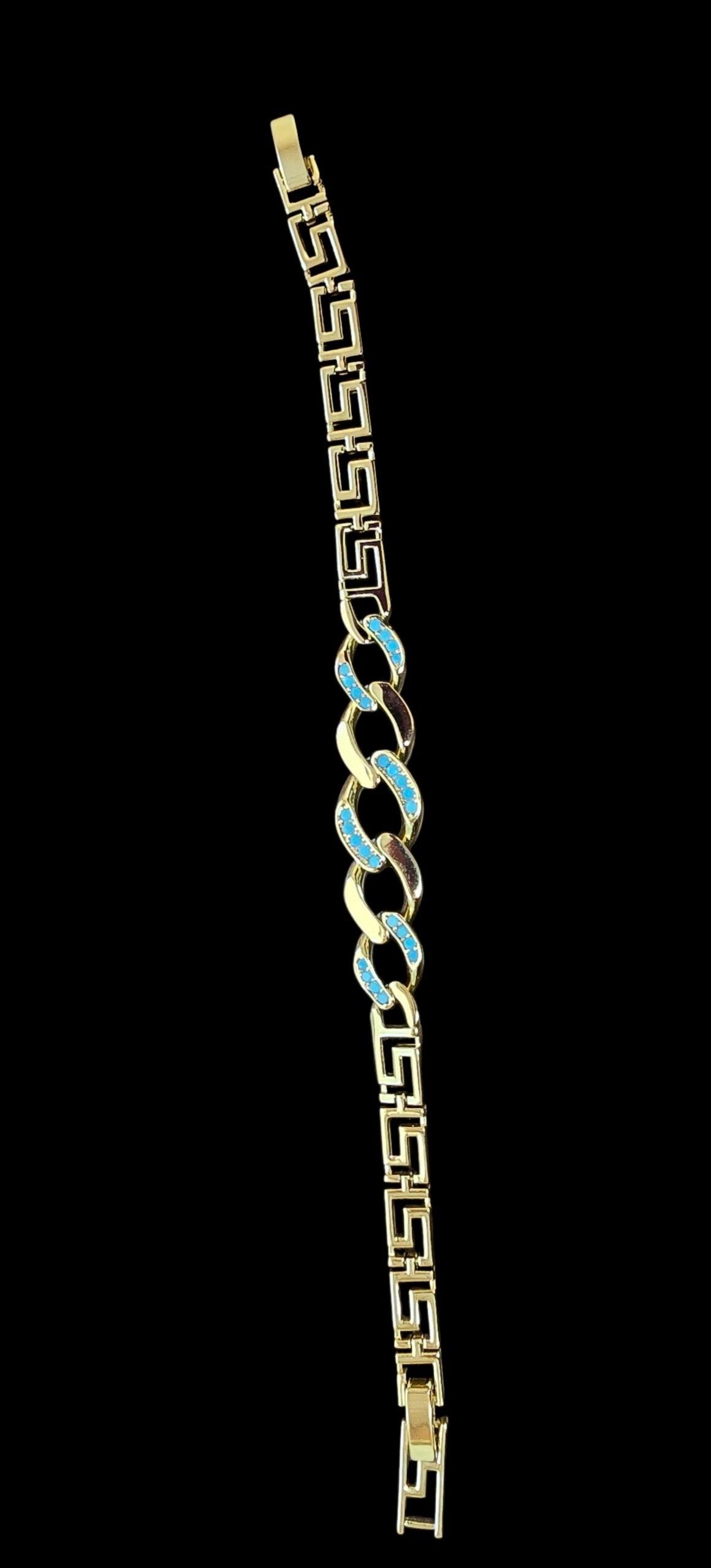 Gold-Plated Greek Key Bracelet with Blue Gemstone Inlays
