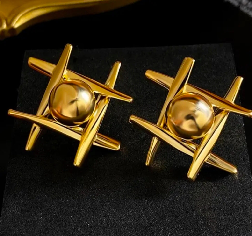 Gold-Plated Stainless Steel Geometric Stud Earrings with Central Sphere