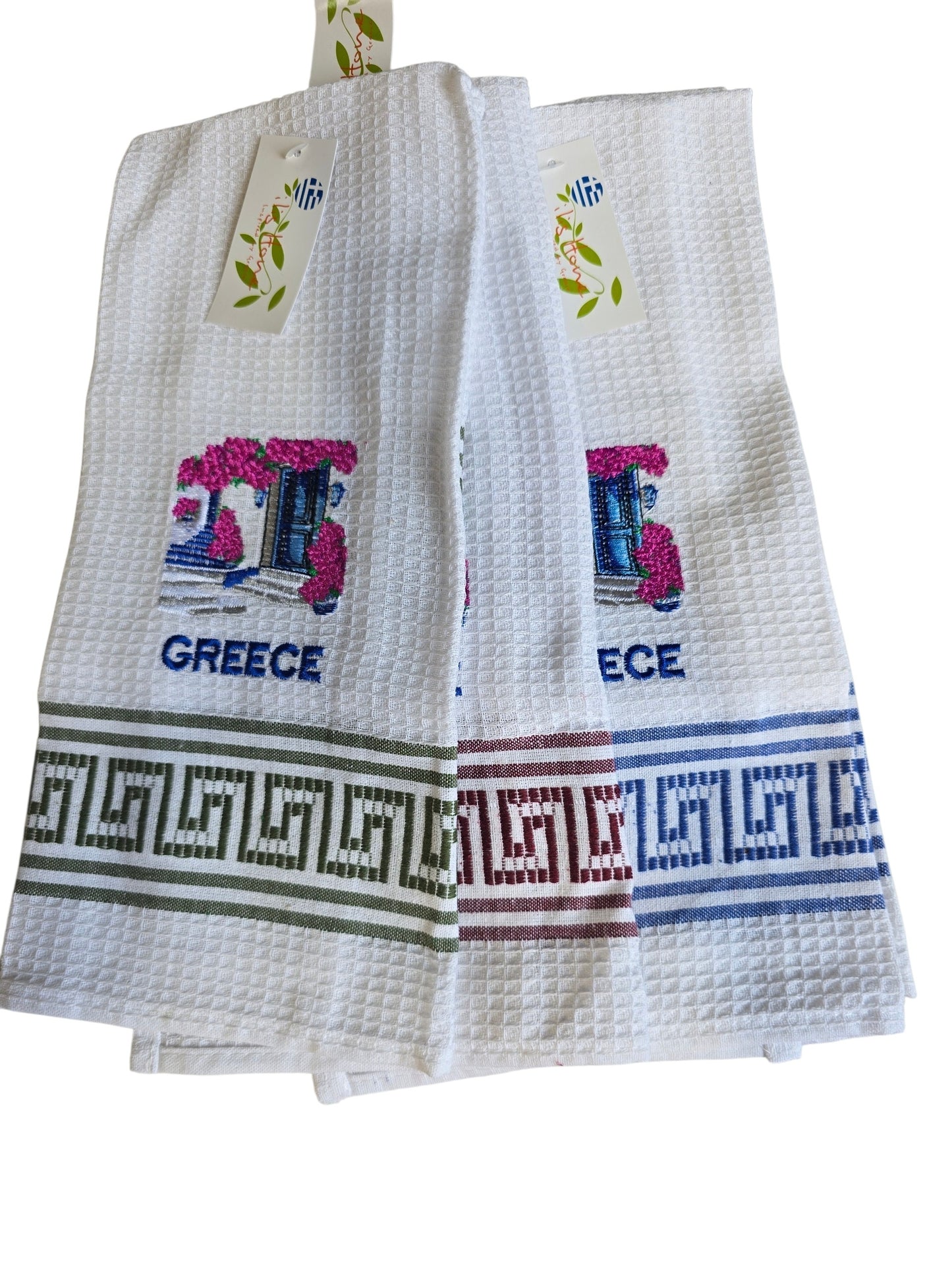 Greek Courtyard Waffle-Weave Kitchen Towels – Assorted Meander Designs