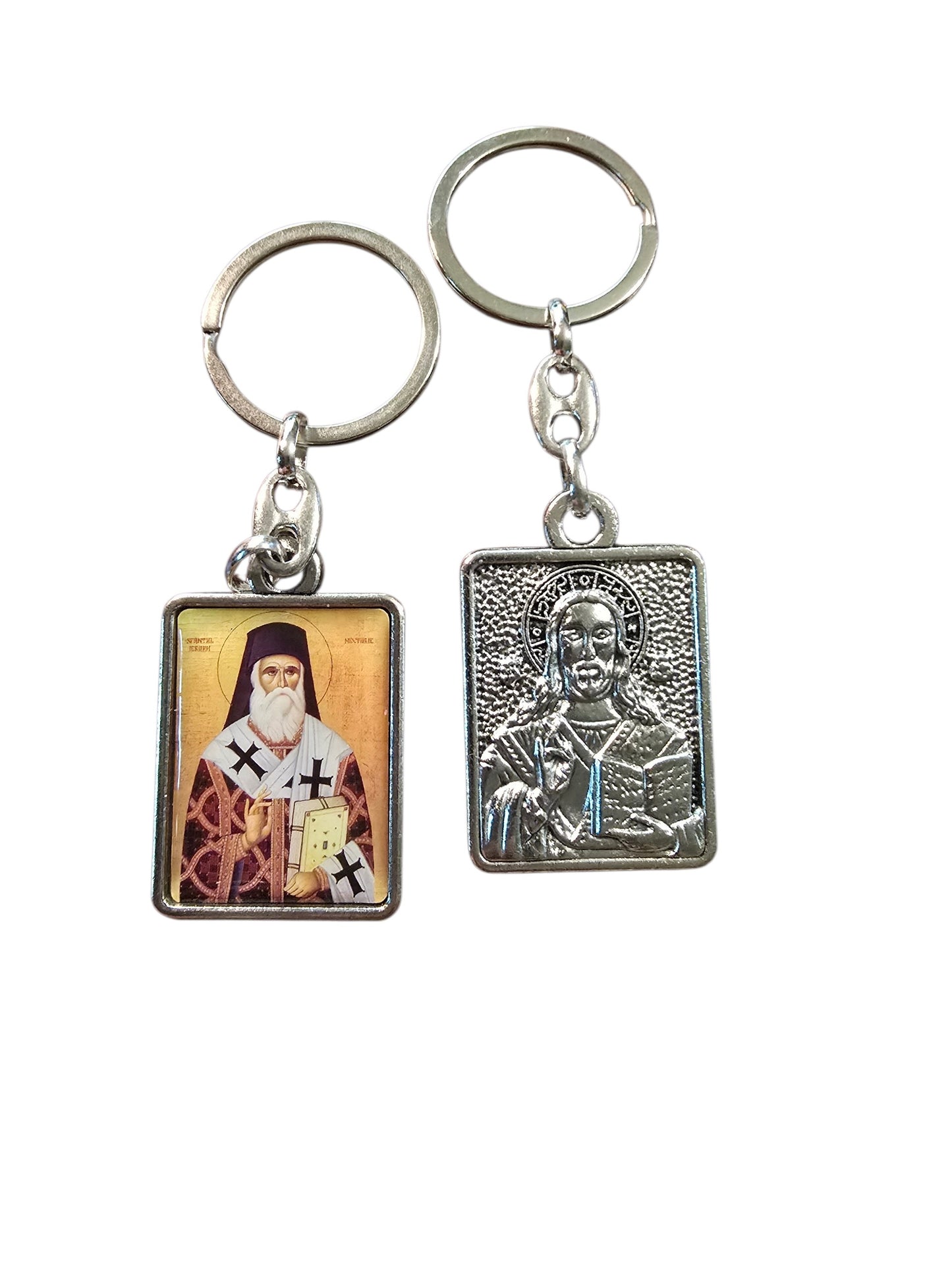 Saint Nektarios of Aegina Double-Sided Icon Keychain (Christ in Silver Reverse) – 4.5 x 3 cm