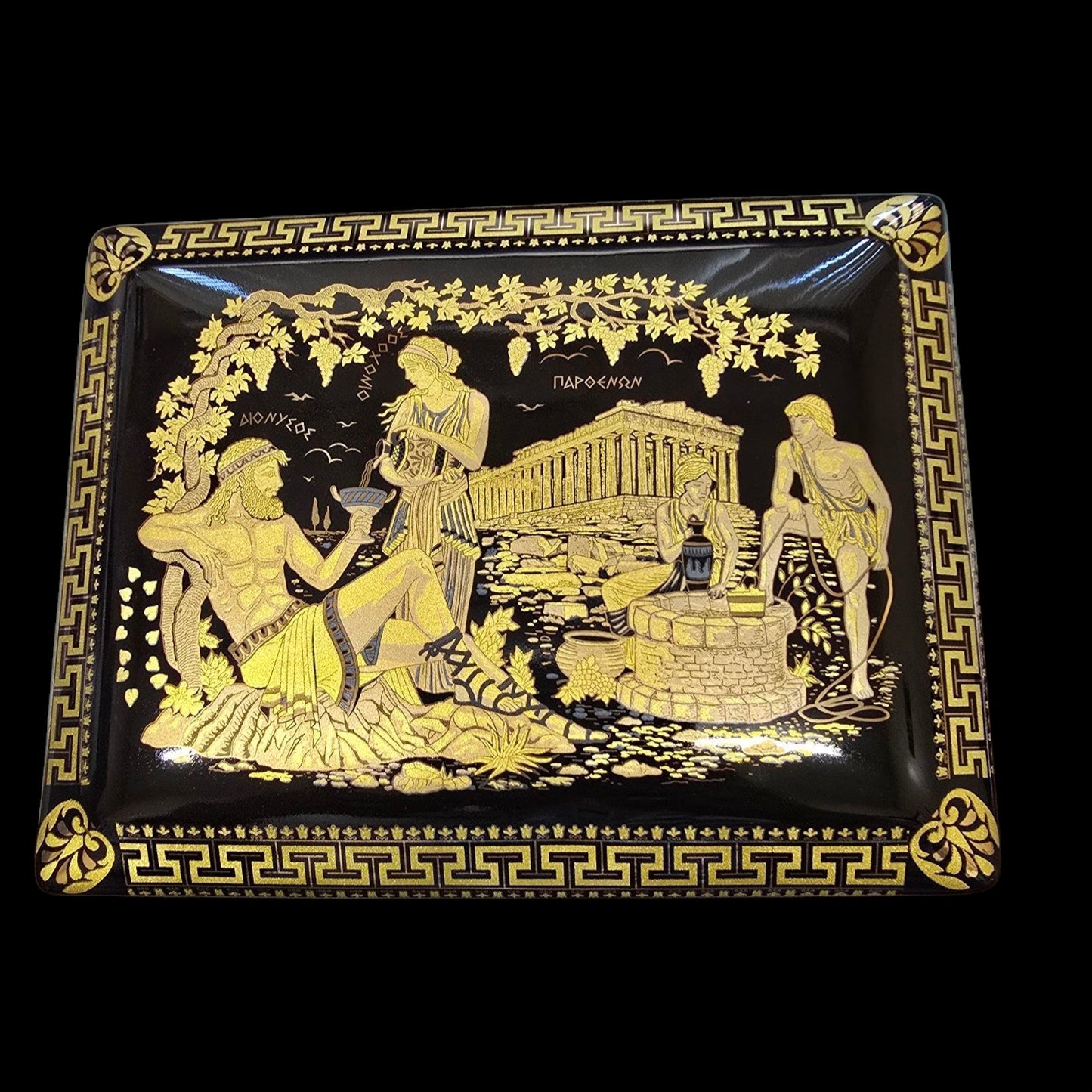 Handmade Greek Ceramic Box with 24K Gold Accents - Ancient Scene of Dionysius and Gods by the Parthenon