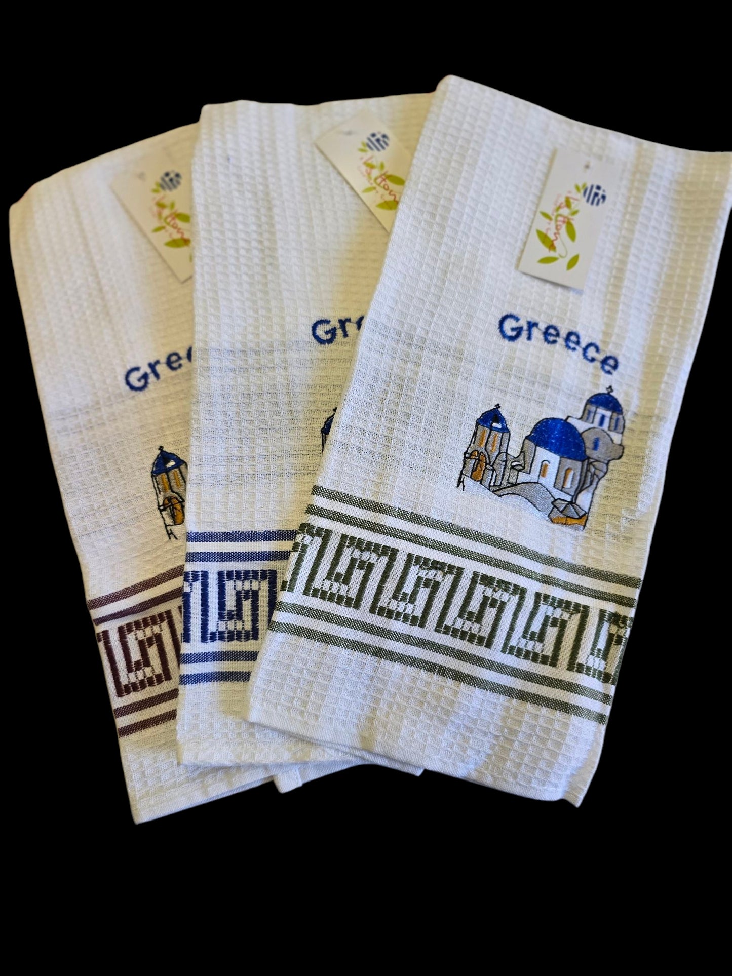 Charming Greek Kitchen Towels - 100% Cotton with Embroidered Scenes and Assorted Greek Key Borders