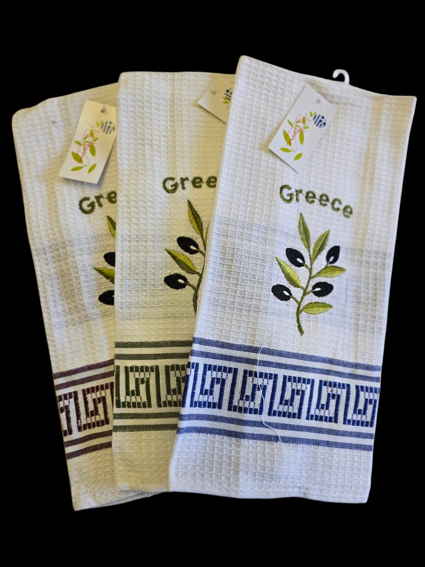 Elegant Greek Kitchen Towels - 100% Cotton with Olive Branch Embroidery and Assorted Greek Key Borders