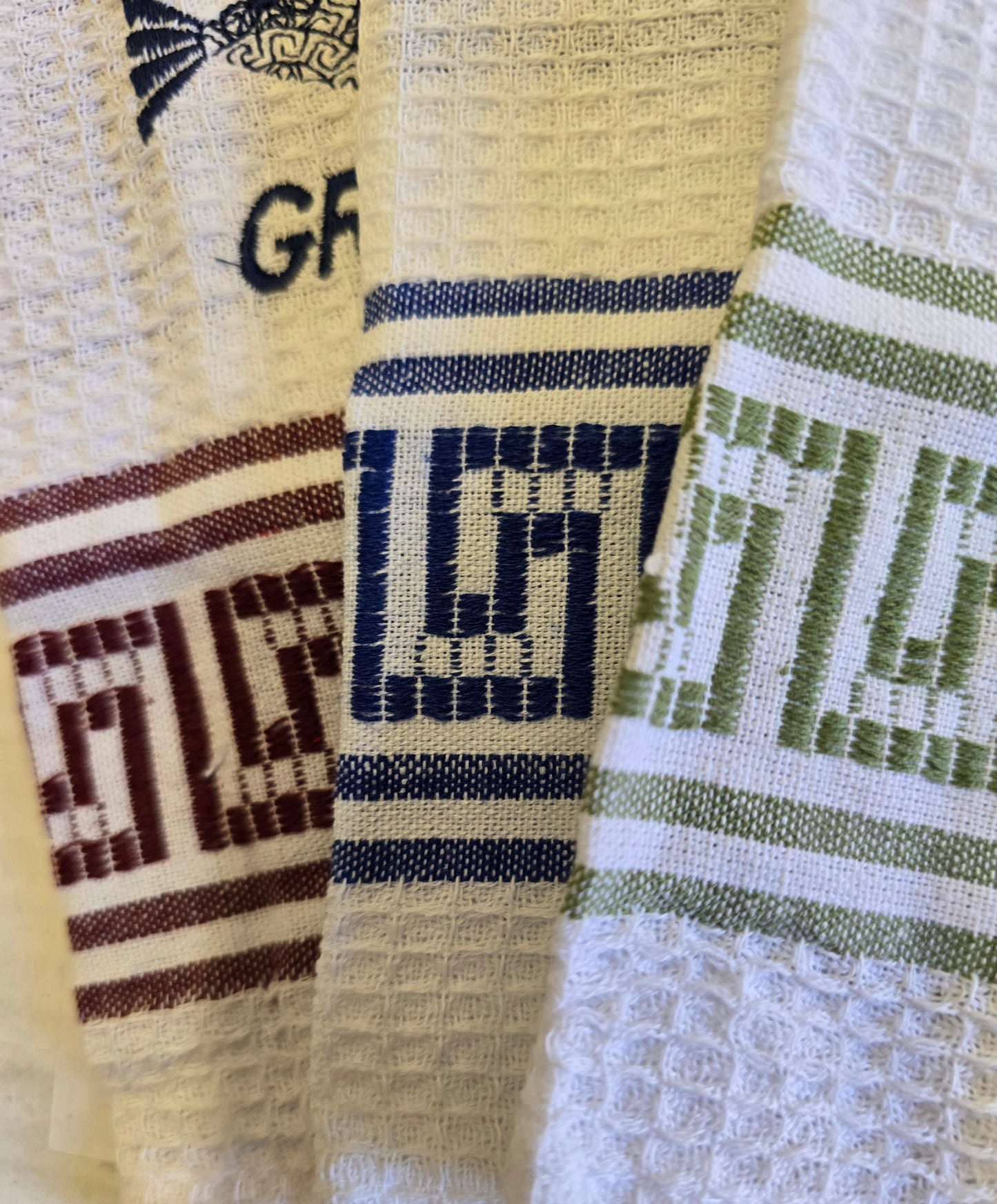 Elegant Greek Kitchen Towels - 100% Cotton with Fish Embroidery and Assorted Greek Key Borders