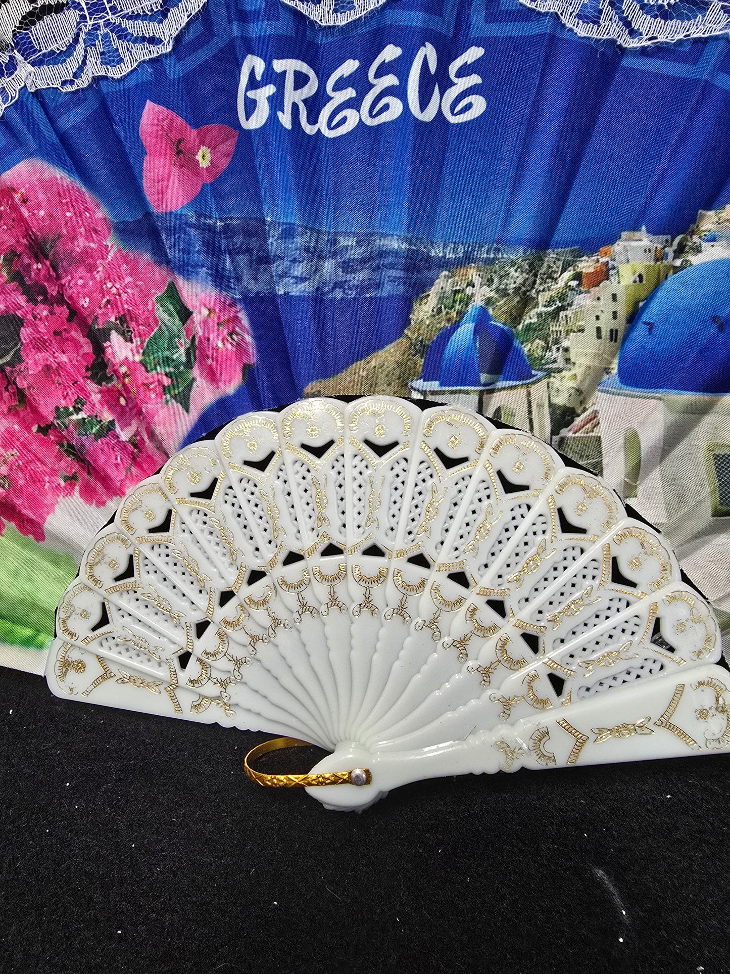 Handheld Folding Fan – Greek Island Santorini Design with White Lace Trim