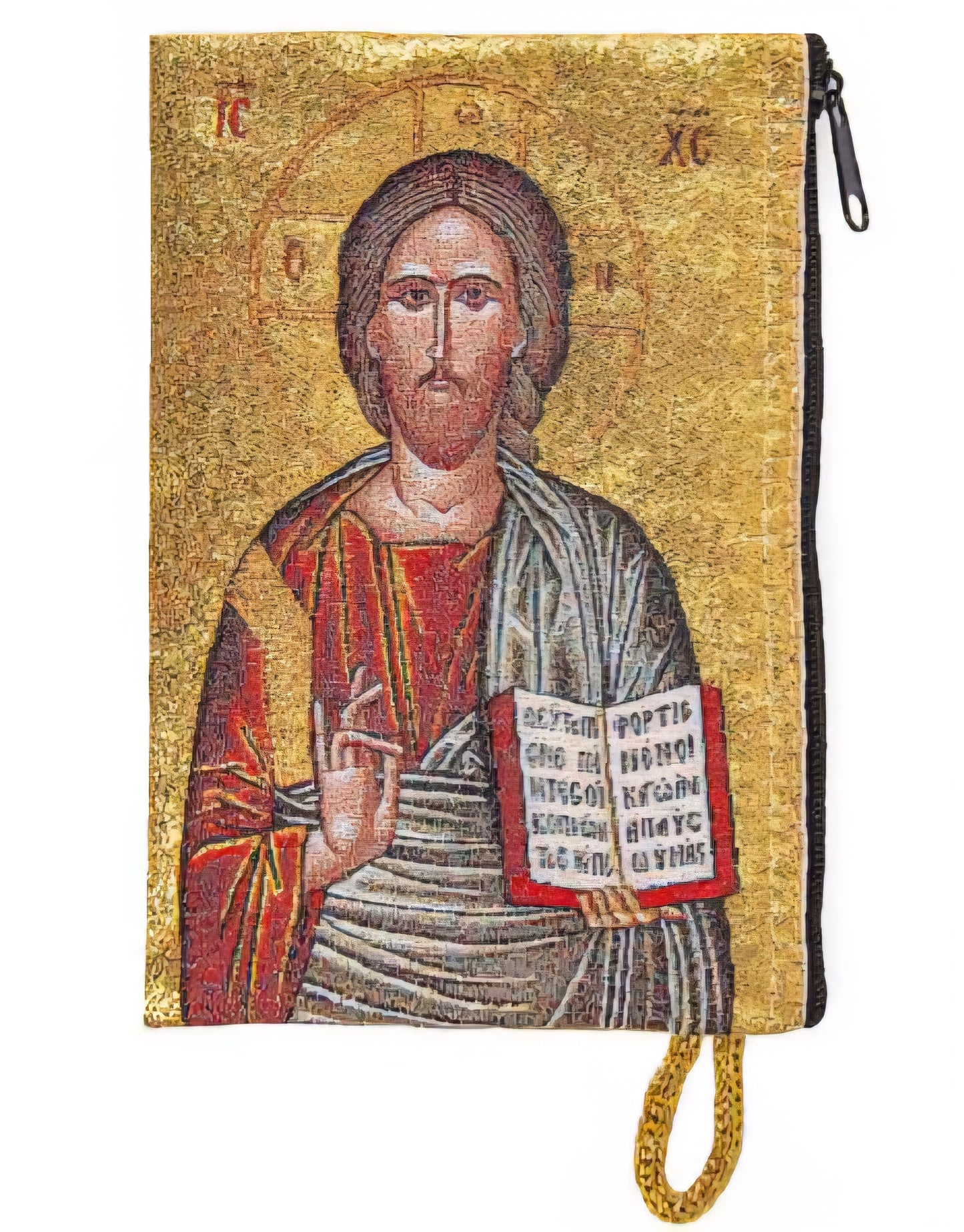 Elegant Woven Tapestry Wallet Featuring Jesus Christ in Rich Golds and Reds