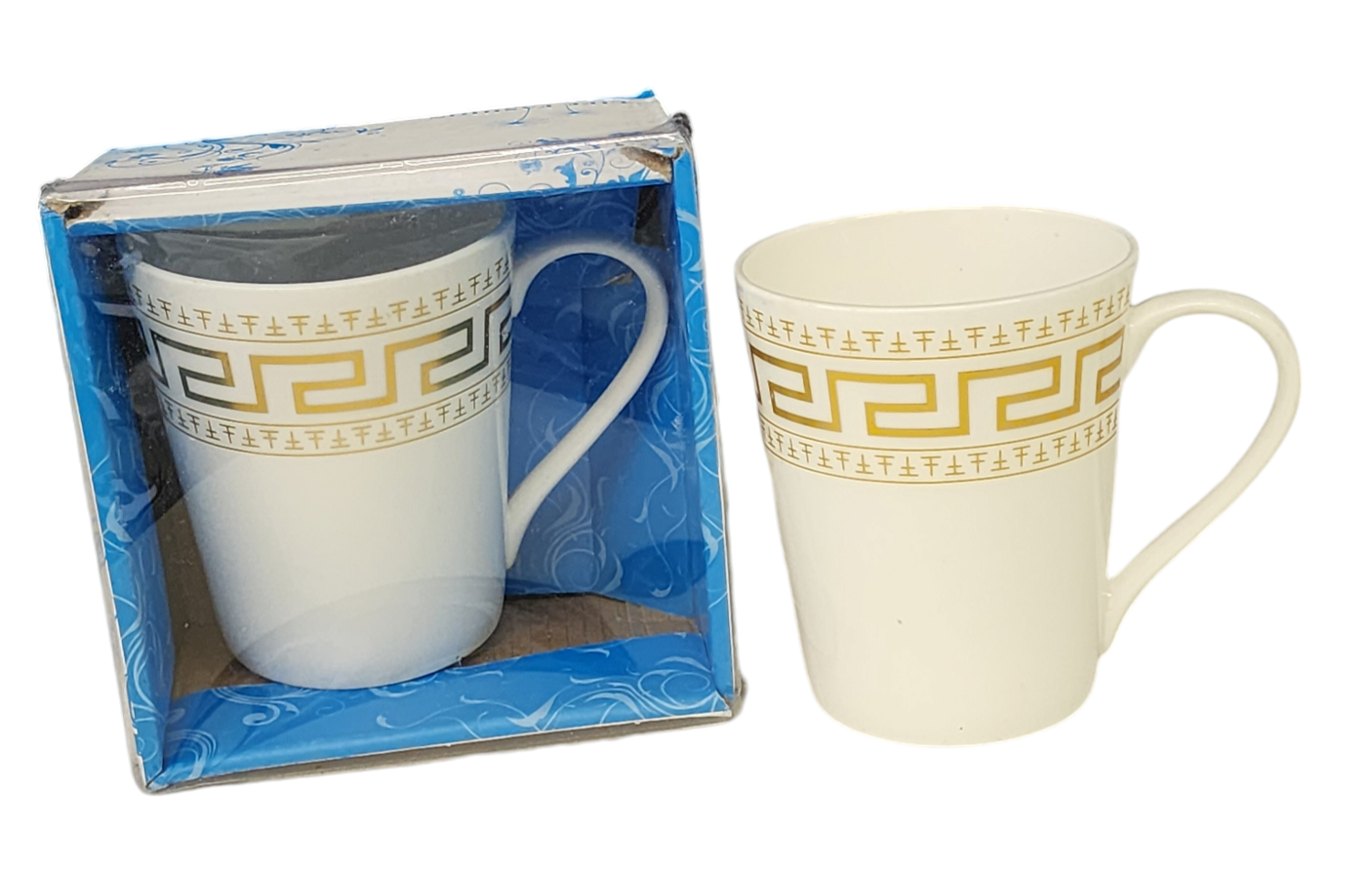White Ceramic Coffee Cup with Greek Key Design