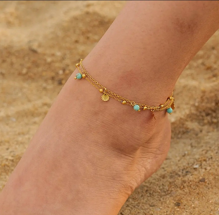 Gold-Plated Stainless Steel Anklet with Turquoise & Seashell
