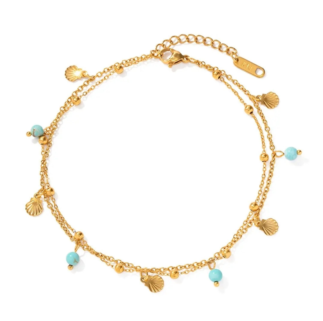 Gold-Plated Stainless Steel Anklet with Turquoise & Seashell