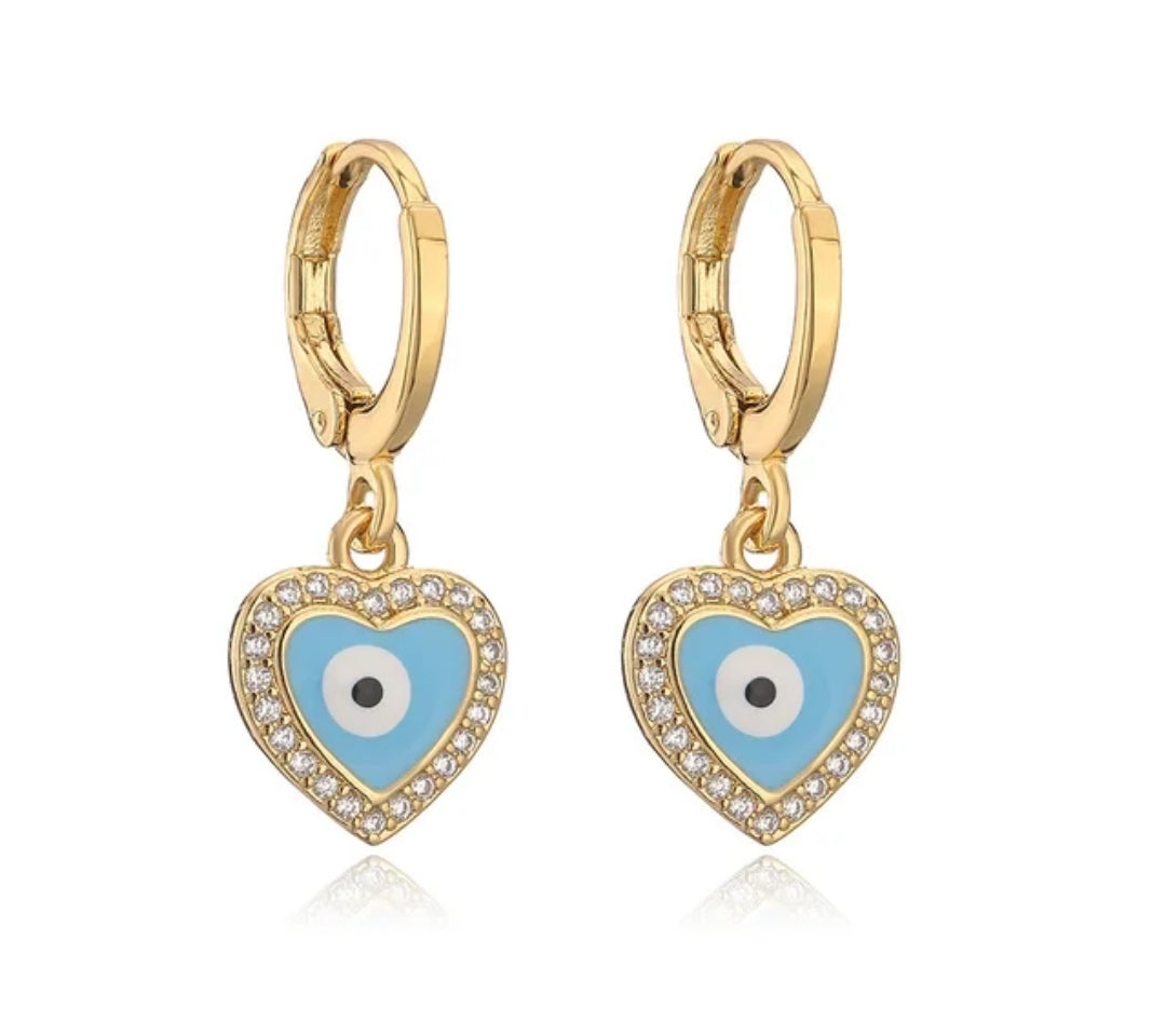 Heart-Shaped Evil Eye Dangle Earrings