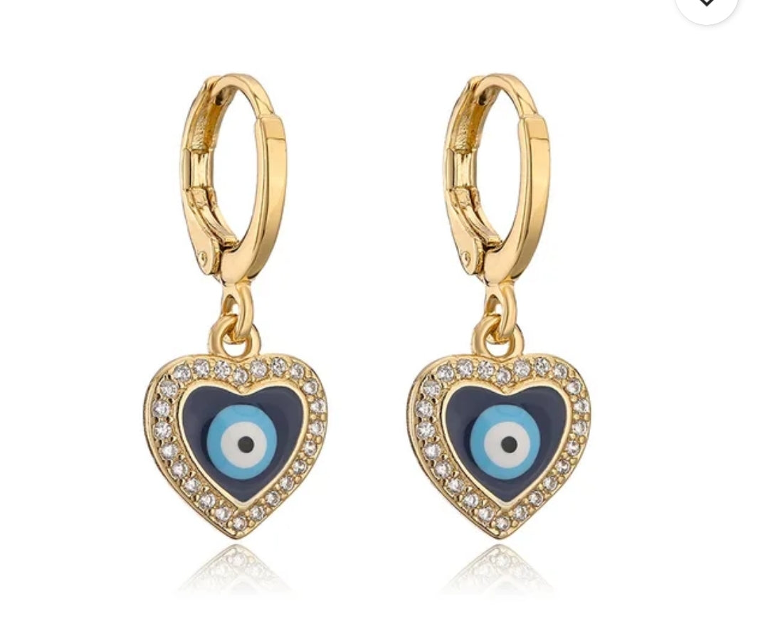 Heart-Shaped Evil Eye Dangle Earrings