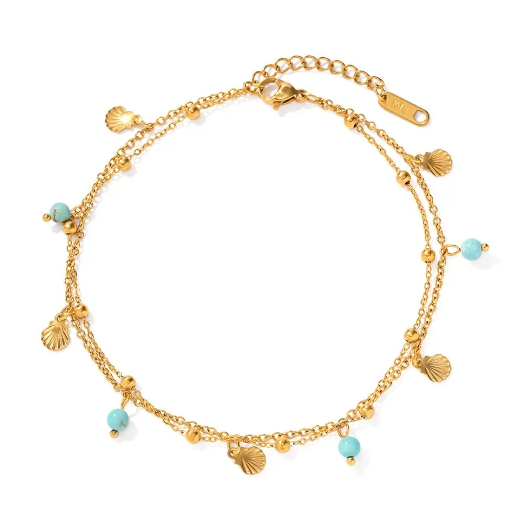 Turquoise and Seashell Anklet - 18K gold plated