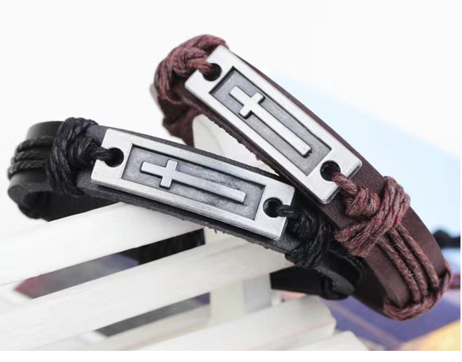 Adjustable Leather Bracelet with Silver Cross
