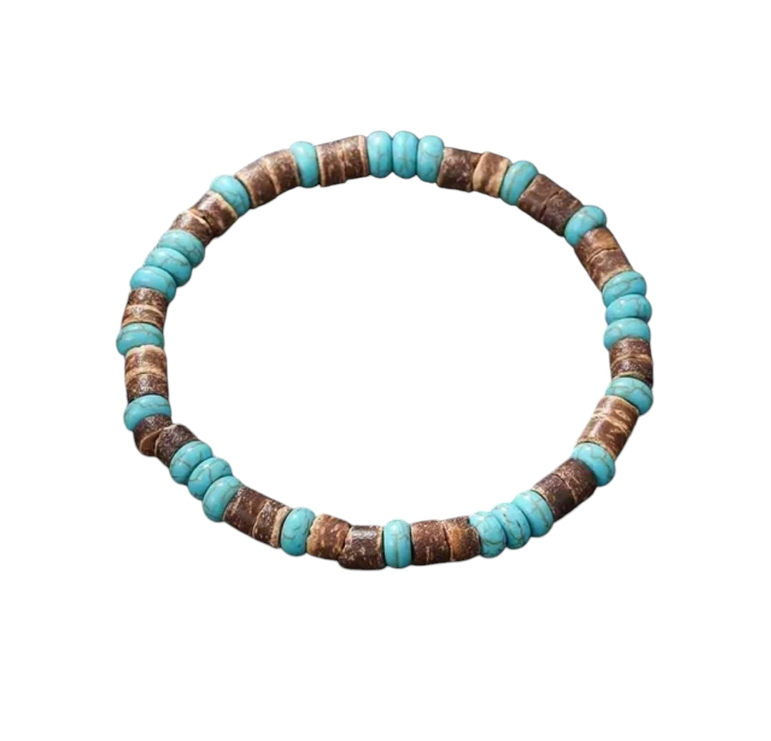 Coconut Wood Chip Bracelet with White or Turquoise Beads