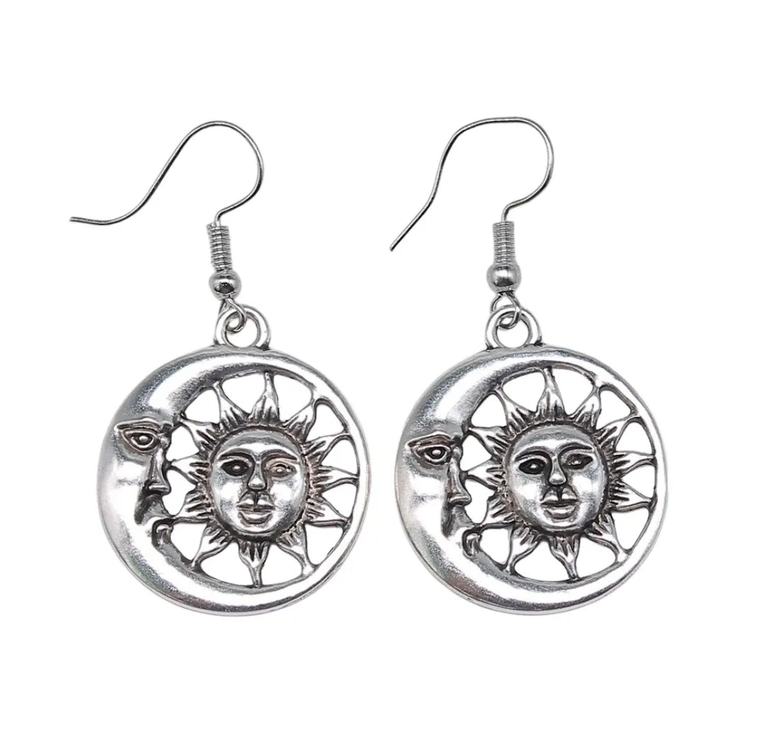 Antique Silver Sun and Moon Earrings – 1" Pendant