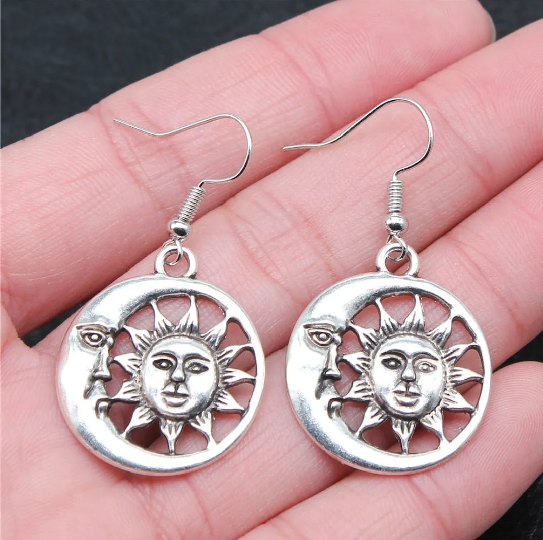 Antique Silver Sun and Moon Earrings – 1" Pendant