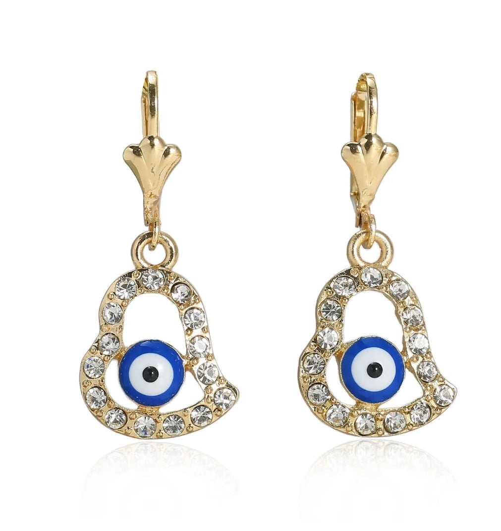 Dainty Heart Evil Eye Earrings – Cubic Zirconia, 0.5" Pendant