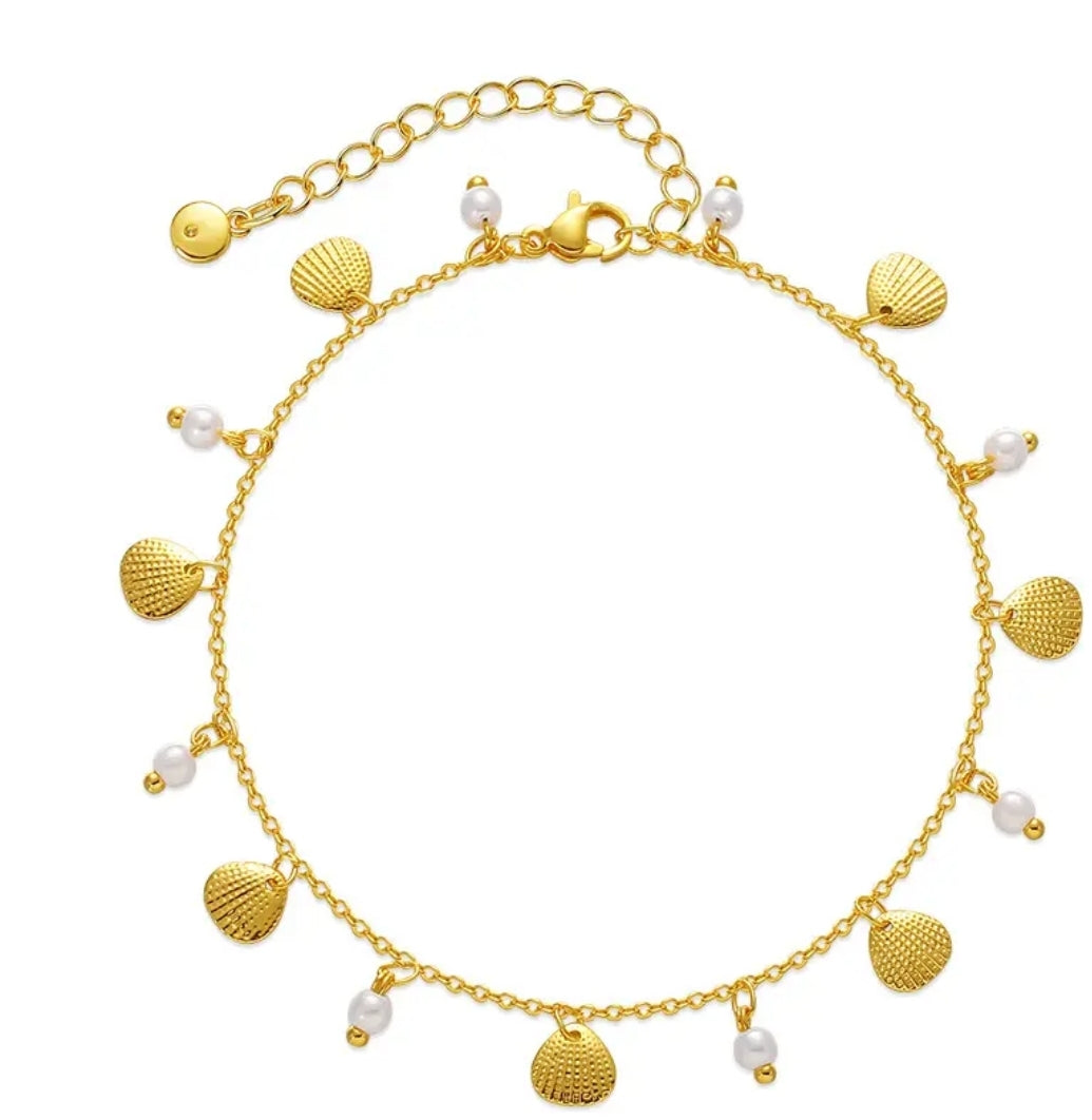 French Style Pearl & Shell Anklet – 18K Gold Plated