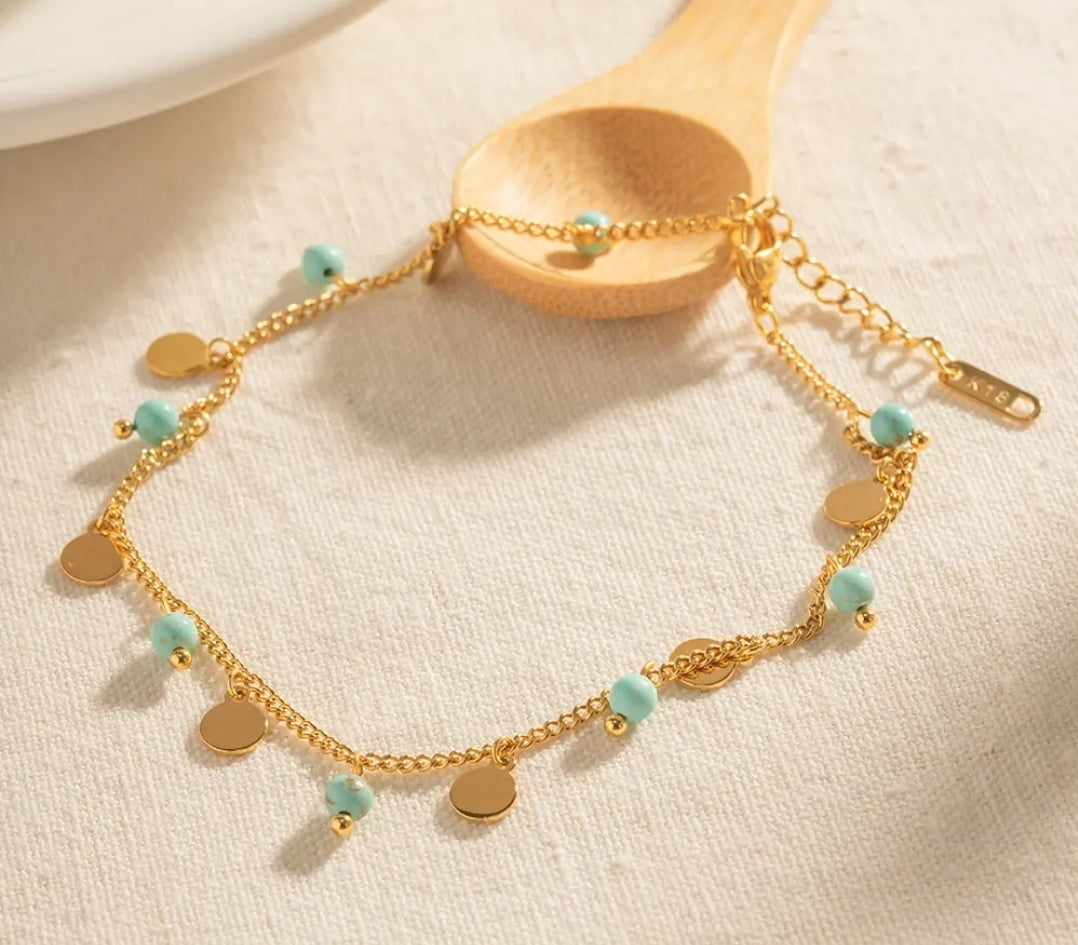 Gold Plated Double Layer Shell-Turquoise Anklet