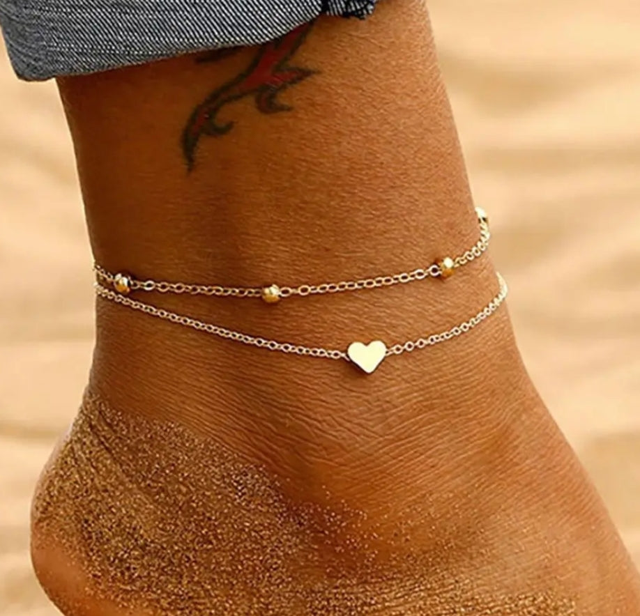 Gold Plated Double Layer Heart Anklet – Also in Stainless Steel