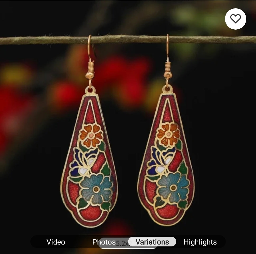 Artistic Multi-Colored Cloisonné Enamel Gold Alloy Hook Earrings
