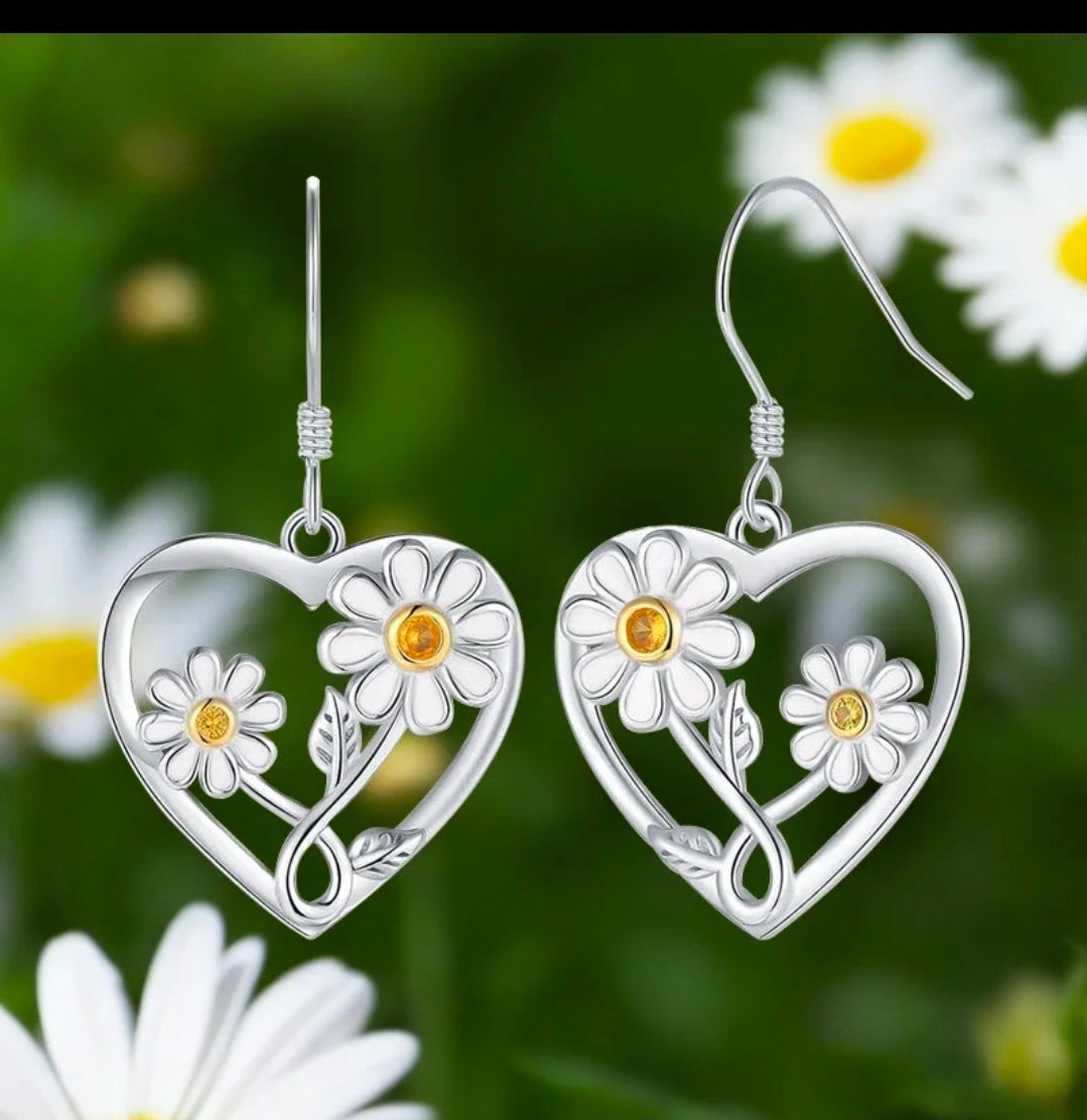 Double Daisy Silver-Plated Earrings with Heart Cutout