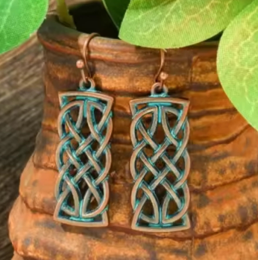 Eternal Unity: Lightweight Celtic Knot Rectangular Pendant Earrings with Patina Finish