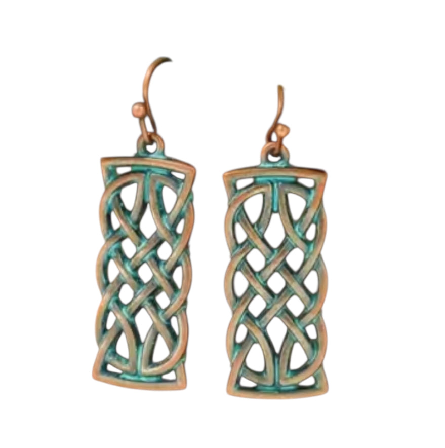 Eternal Unity: Lightweight Celtic Knot Rectangular Pendant Earrings with Patina Finish