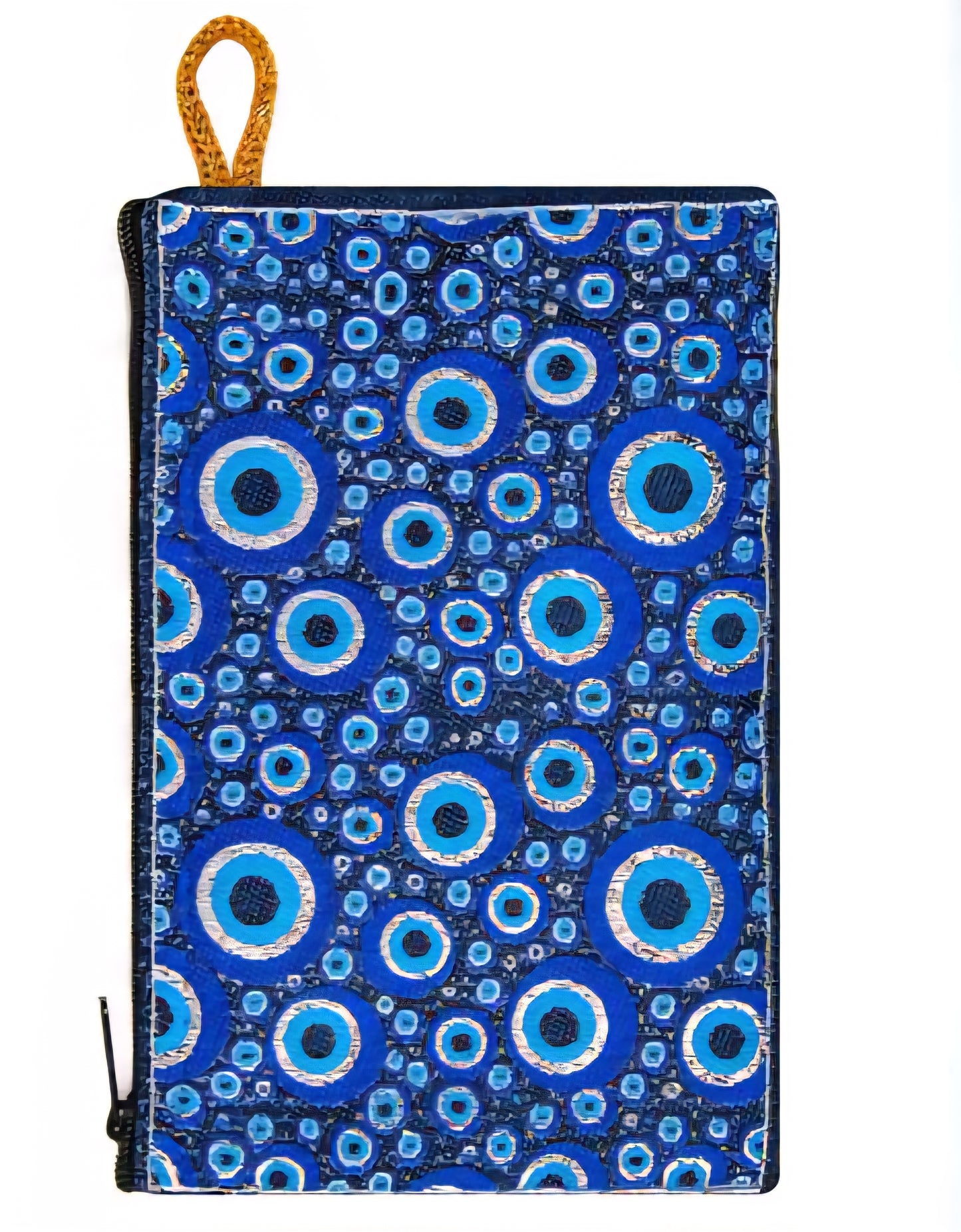 Charming Woven Tapestry Purse with Multi-Colored Evil Eyes in Shades of Blue