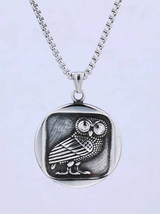 Mythical Athena's Owl of Wisdom Pendant – Stainless Steel with Diamond Bamboo Chain