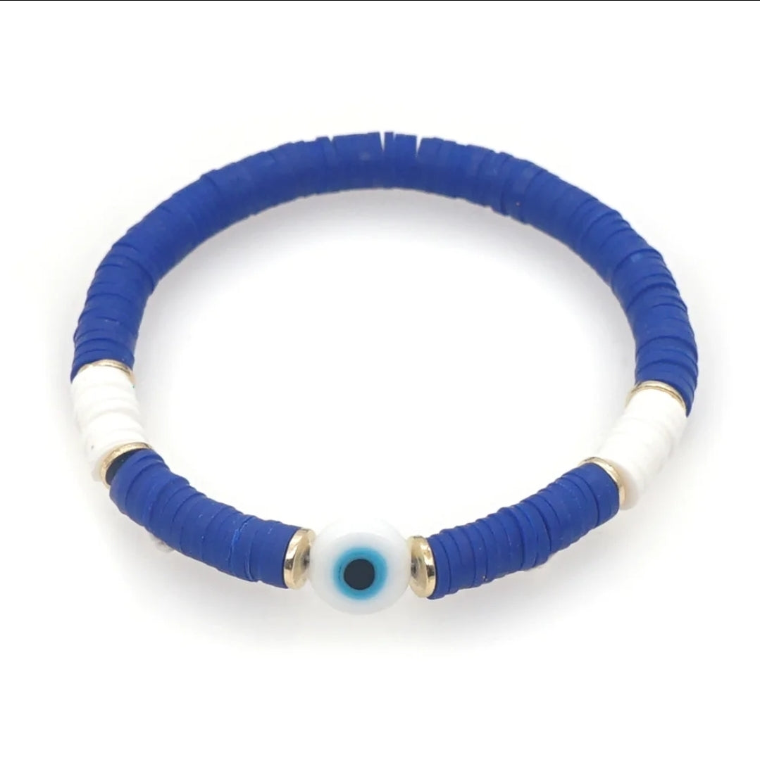 Heishi Clay Bead Bracelet with Evil Eye Charm – Stackable Boho Jewelry