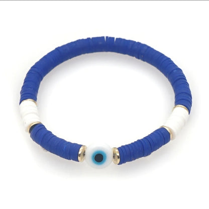 Heishi Clay Bead Bracelet with Evil Eye Charm – Stackable Boho Jewelry