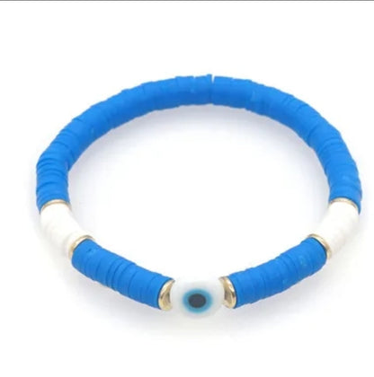 Heishi Clay Bead Bracelet with Evil Eye Charm – Stackable Boho Jewelry