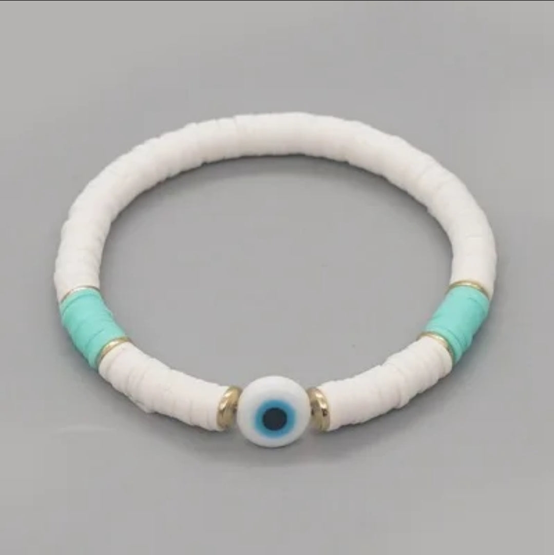Heishi Clay Bead Bracelet with Evil Eye Charm – Stackable Boho Jewelry