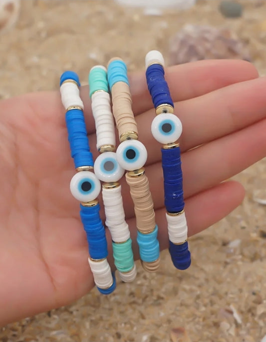 Heishi Clay Bead Bracelet with Evil Eye Charm