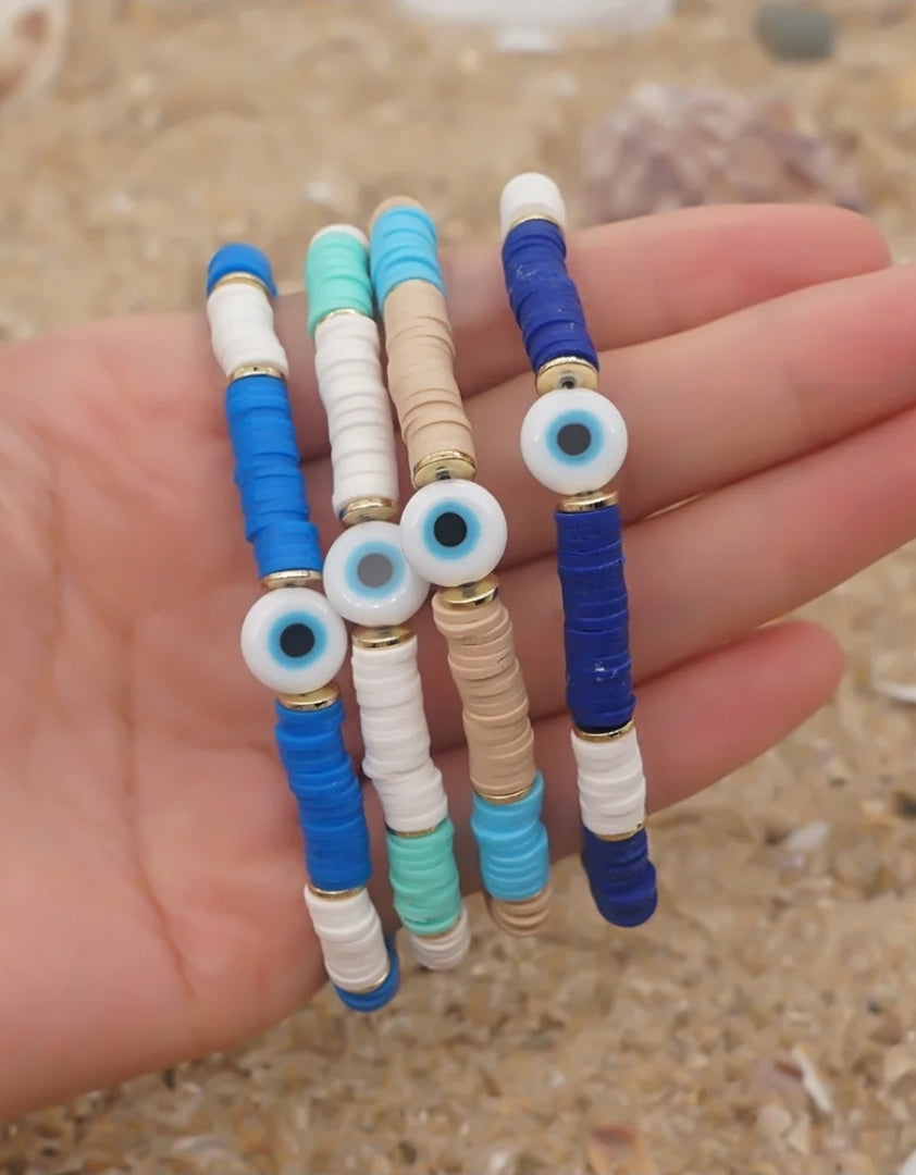 Heishi Clay Bead Bracelet with Evil Eye Charm – Stackable Boho Jewelry