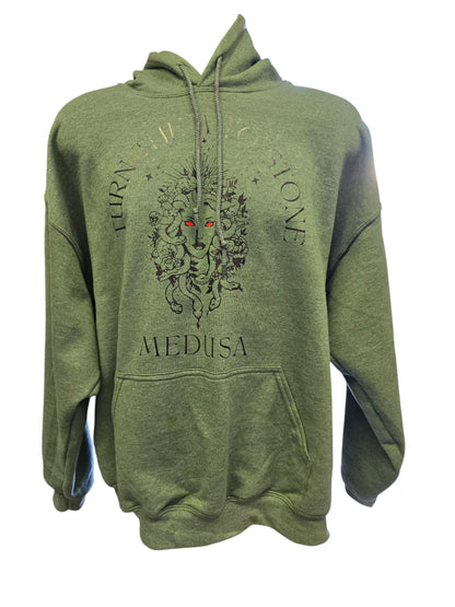 "Turn Them to Stone - Medusa" Heavy Cotton Hoodie (Heather Dark Green)