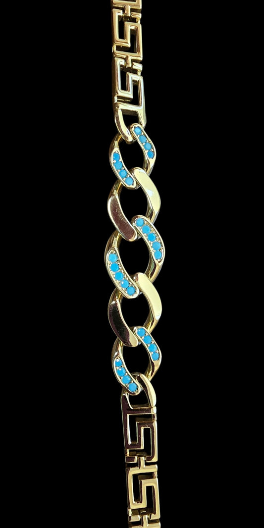 Gold-Plated Greek Key Bracelet with Blue Gemstone Inlays