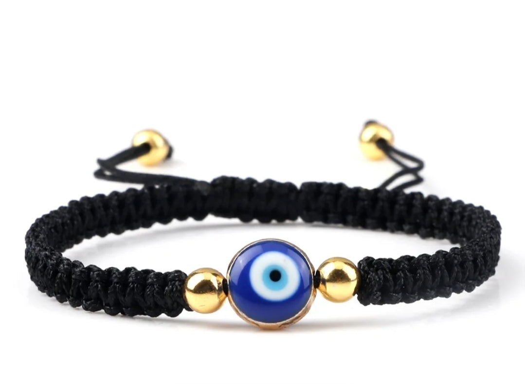 Handwoven Evil Eye Adjustable Bracelet – Gold Bead Accents