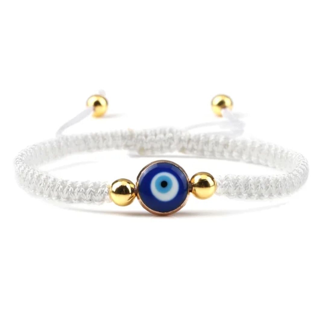 Handwoven Evil Eye Adjustable Bracelet – Gold Bead Accents