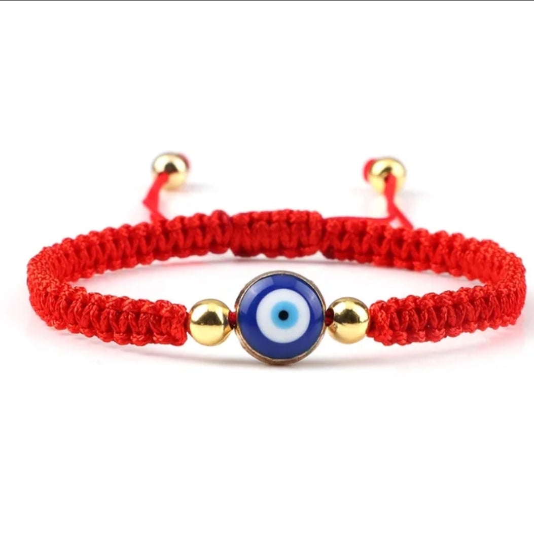 Handwoven Evil Eye Adjustable Bracelet – Gold Bead Accents