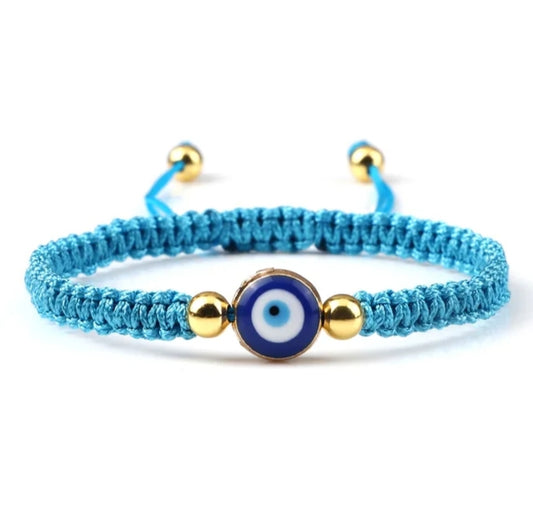 Handwoven Evil Eye Adjustable Bracelet – Gold Bead Accents