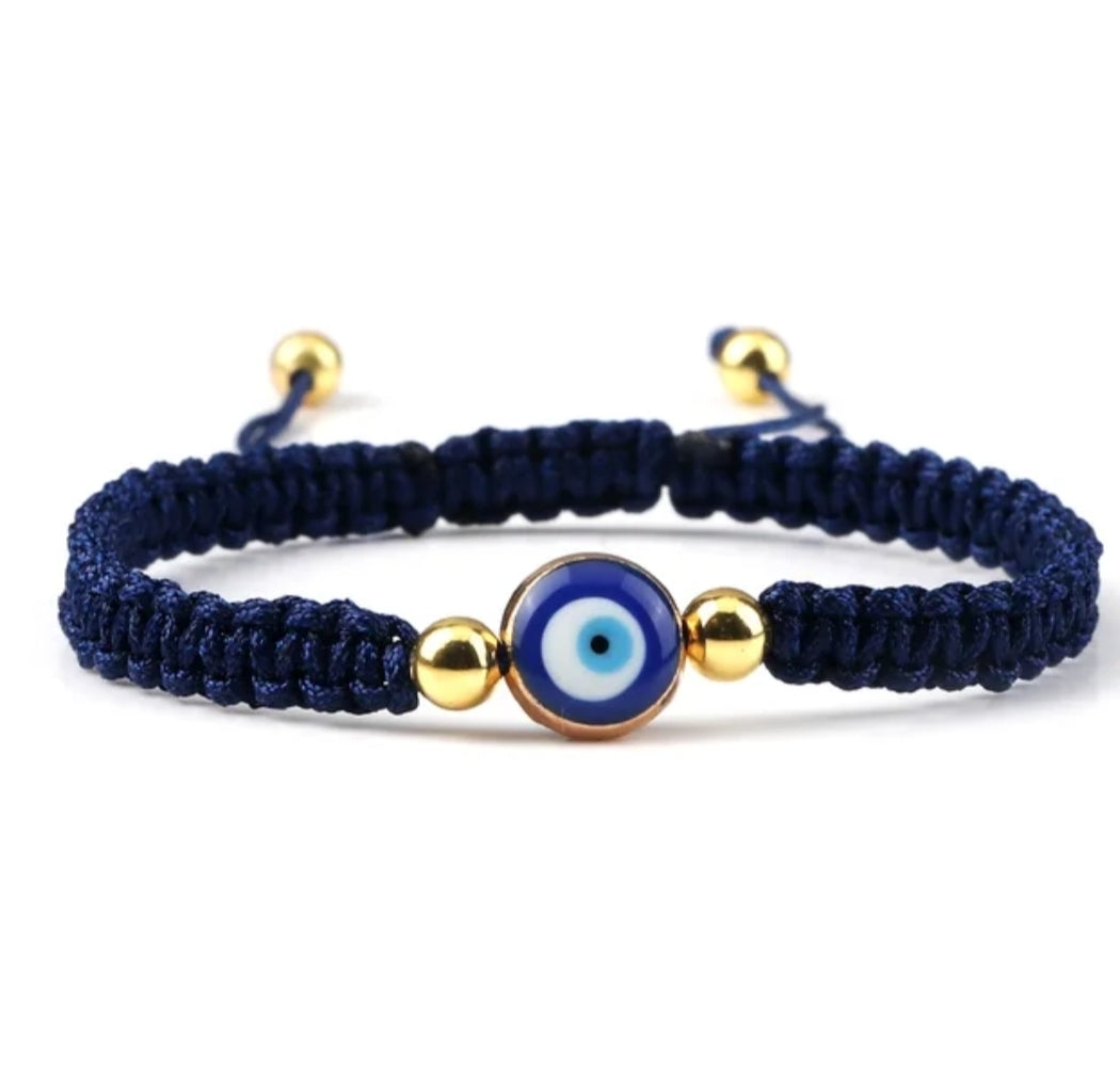 Handwoven Evil Eye Adjustable Bracelet – Gold Bead Accents