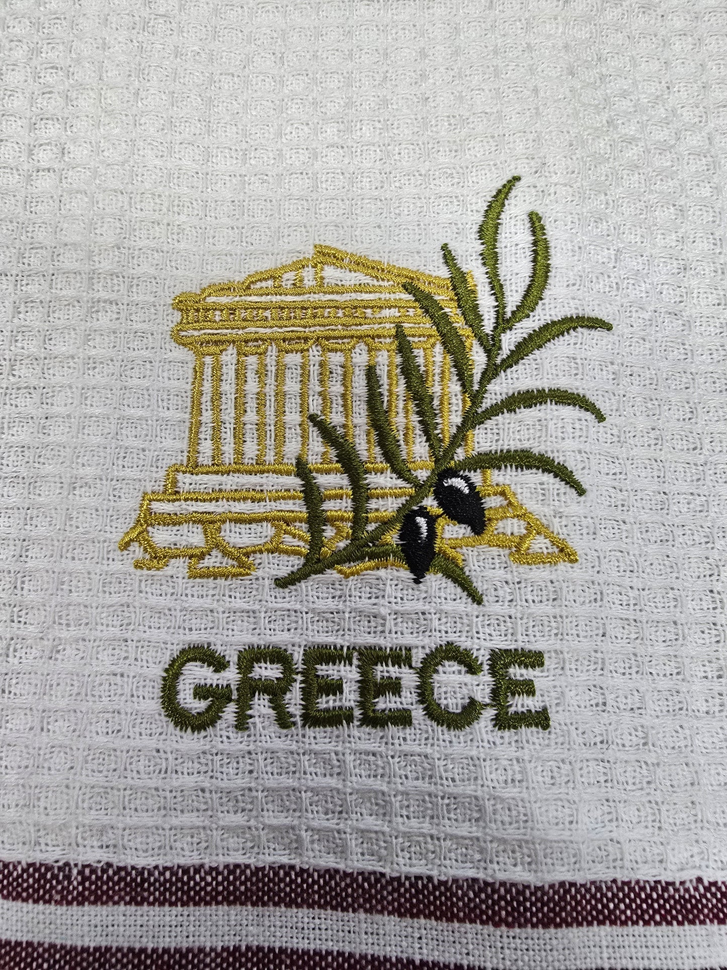 Greek-Themed Embroidered Kitchen Towel – Olive Branch, Parthenon & Meander Border