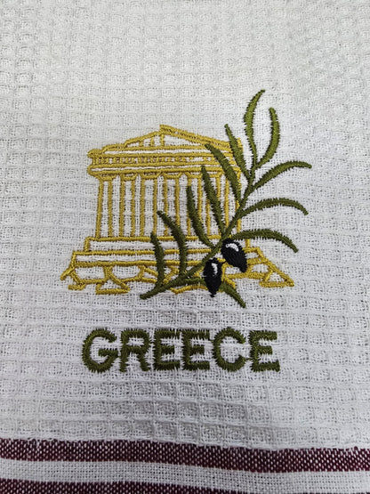Greek-Themed Embroidered Kitchen Towel – Olive Branch, Parthenon & Meander Border