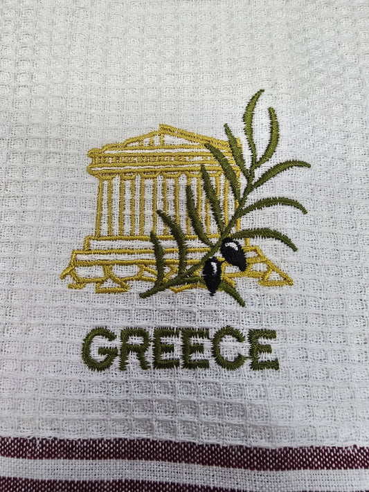 Greek-Themed Embroidered Kitchen Towel – Olive Branch, Parthenon & Meander Border