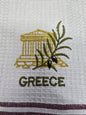 Greek-Themed Embroidered Kitchen Towel – Olive Branch, Parthenon & Meander Border