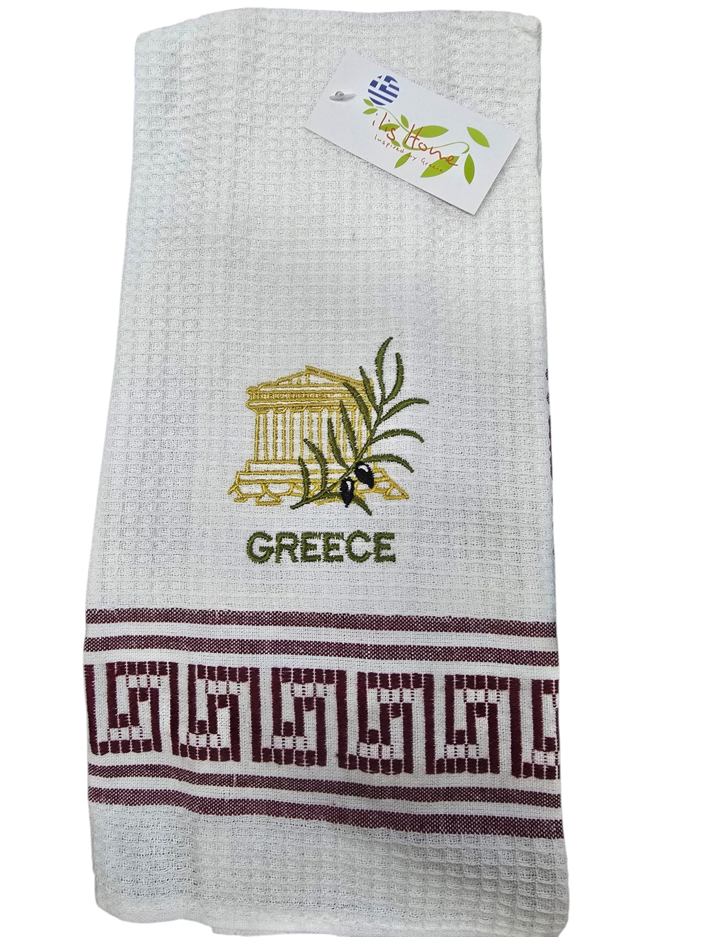 Greek-Themed Embroidered Kitchen Towel – Olive Branch, Parthenon & Meander Border