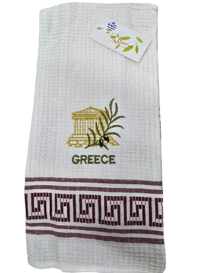 Greek-Themed Embroidered Kitchen Towel – Olive Branch, Parthenon & Meander Border